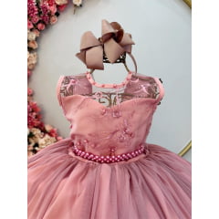 Vestido Infantil Rose C/ Renda e Cinto de Pérolas Damas