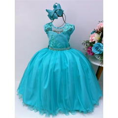 Vestido Infantil Verde Renda Aplique de Pérolas Damas Luxo