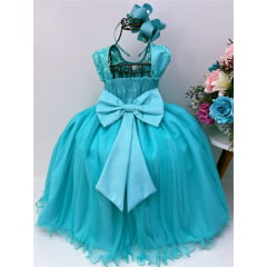 Vestido Infantil Verde Renda Aplique de Pérolas Damas Luxo