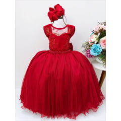 Vestido Infantil Vermelho C/ Renda Luxo e Pérolas Damas