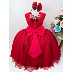Vestido Infantil Vermelho Com Renda e Pérolas Damas Luxo