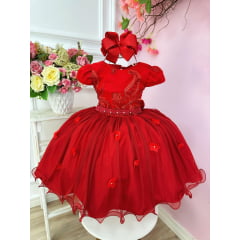 Vestido Infantil Vermelho Com Renda Pérolas Luxo Damas