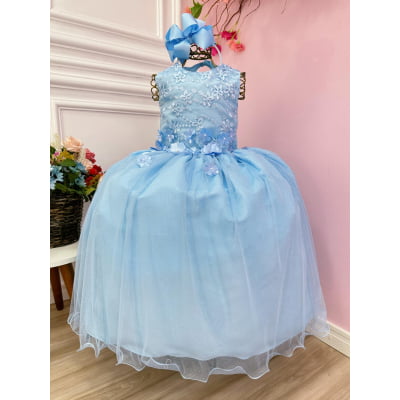 Vestido Infantil Azul Bebê C/ Renda e Apliques Pérolas Damas