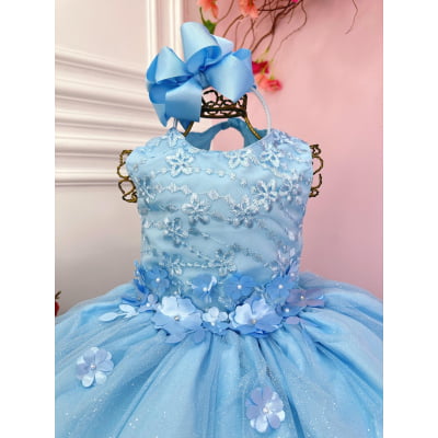 Vestido Infantil Azul Bebê C/ Renda e Apliques Pérolas Damas