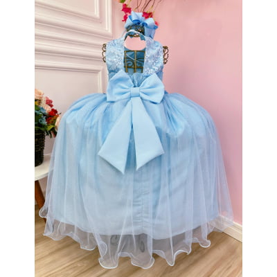 Vestido Infantil Azul Bebê C/ Renda e Apliques Pérolas Damas