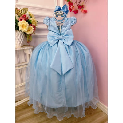 Vestido Infantil Azul C/ Aplique Flores e Renda Damas Luxo