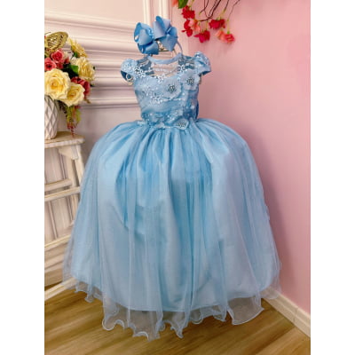 Vestido Infantil Azul C/ Aplique Flores e Renda Damas Luxo