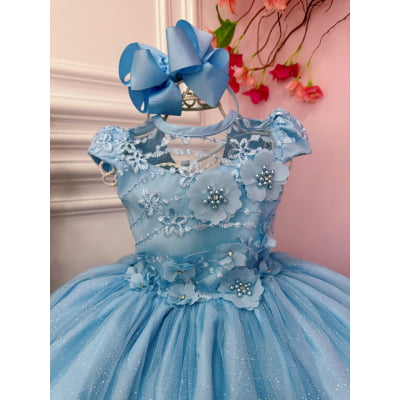 Vestido Infantil Azul C/ Aplique Flores e Renda Damas Luxo