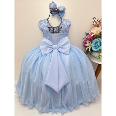 Vestido Infantil Azul C/ Renda Cinto de Pérolas Damas Luxo