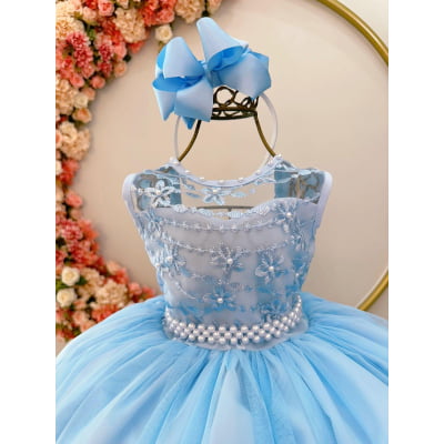 Vestido Infantil Azul C/ Renda Damas e Cinto de Pérolas