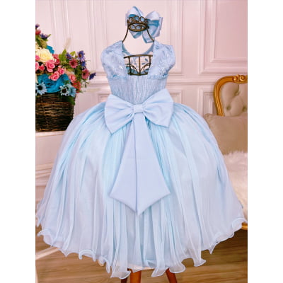 Vestido Infantil Azul C/ Renda e Cinto de Pérolas Damas Luxo