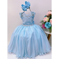 Vestido Infantil Azul Renda Aplique de Pérolas Damas Luxo