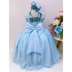 Vestido Infantil Azul Renda Aplique de Pérolas Damas Luxo