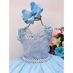 Vestido Infantil Azul Renda Aplique de Pérolas Damas Luxo