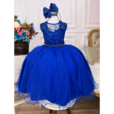 Vestido Infantil Azul Royal C/ Renda Cinto de Pérolas Damas