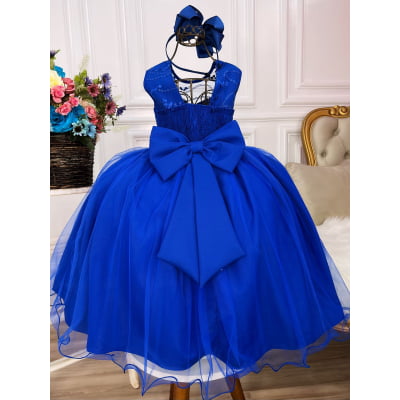 Vestido Infantil Azul Royal C/ Renda Cinto de Pérolas Damas