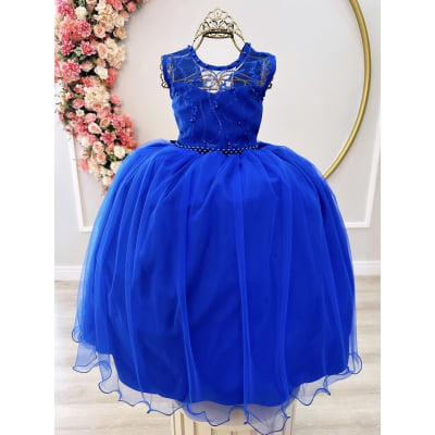 Vestido Infantil Azul Royal Damas C/ Renda Cinto de Pérolas