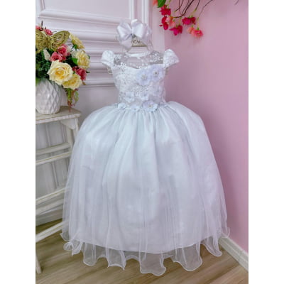 Vestido Infantil Branco C/ Aplique Flores e Renda Damas Luxo