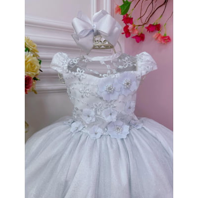 Vestido Infantil Branco C/ Aplique Flores e Renda Damas Luxo