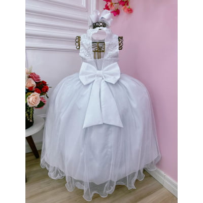 Vestido Infantil Branco C/ Renda e Aplique de Flores Damas