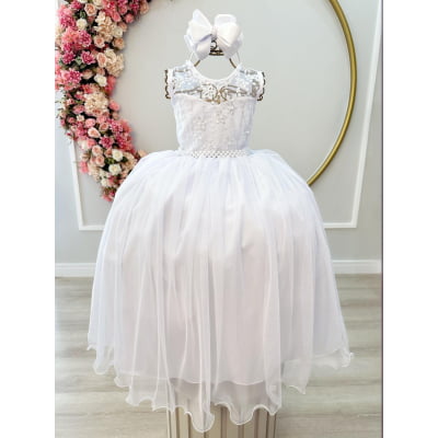 Vestido Infantil Branco C/ Renda e Cinto de Pérolas Damas