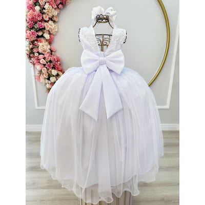 Vestido Infantil Branco C/ Renda e Cinto de Pérolas Damas