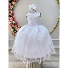 Vestido Infantil Branco Com Aplique de Flores e Renda Damas