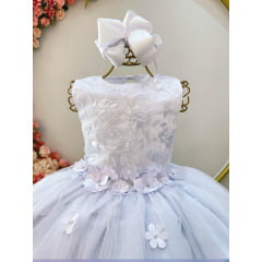 Vestido Infantil Branco Com Aplique de Flores e Renda Damas