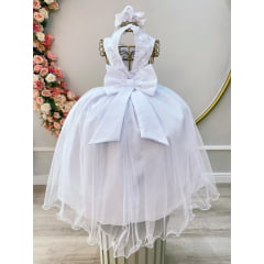 Vestido Infantil Branco Com Aplique de Flores e Renda Damas