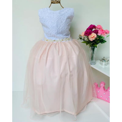 Vestido Infantil Branco e Nude Renda de Luxo Cinto Pérolas
