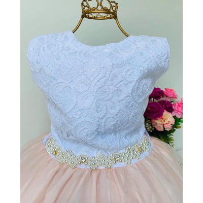 Vestido Infantil Branco e Nude Renda de Luxo Cinto Pérolas