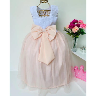 Vestido Infantil Branco e Nude Renda de Luxo Cinto Pérolas