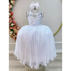 Vestido Infantil Branco Longo C/ Renda e Cinto de Pérolas