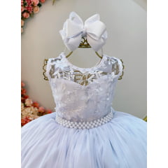 Vestido Infantil Branco Longo C/ Renda e Cinto de Pérolas