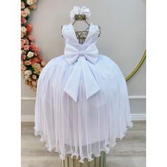 Vestido Infantil Branco Longo C/ Renda e Cinto de Pérolas