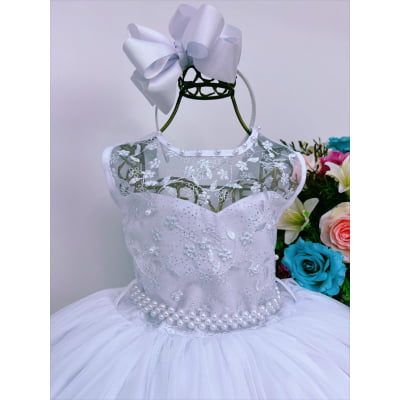 Vestido Infantil Branco Renda de Luxo Cinto Pérolas Damas