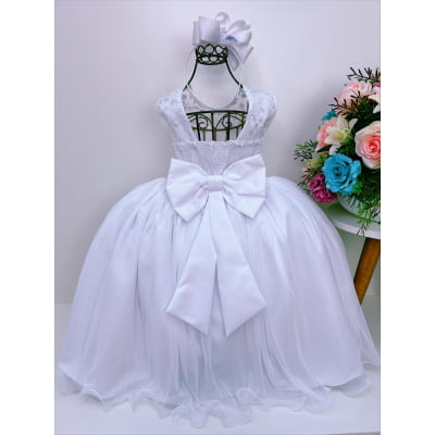 Vestido Infantil Branco Renda de Luxo Cinto Pérolas Damas