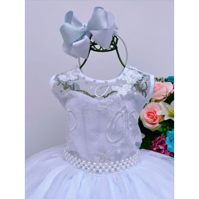 Vestido Infantil Branco Renda de Luxo e Pérolas Damas