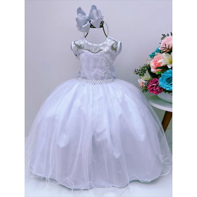 Vestido Infantil Branco Renda de Luxo e Pérolas Damas