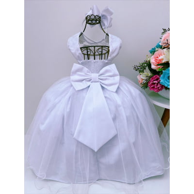 Vestido Infantil Branco Renda de Luxo e Pérolas Damas