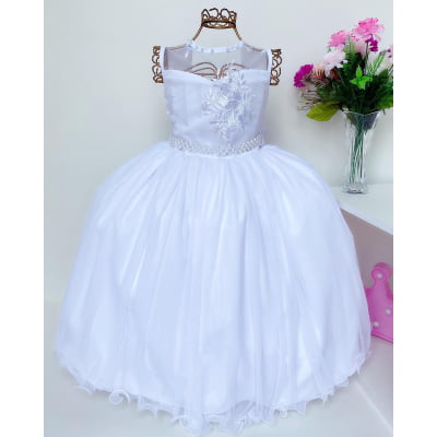 Vestido Infantil Branco Renda Luxo e Pérolas Damas