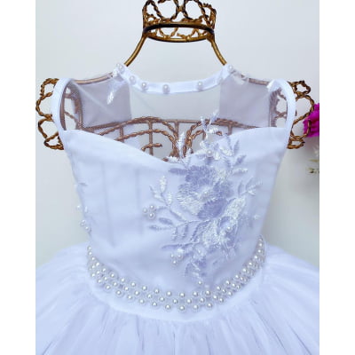 Vestido Infantil Branco Renda Luxo e Pérolas Damas