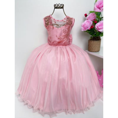 Vestido Infantil Damas de Honra Rosê Luxo Renda Pérolas