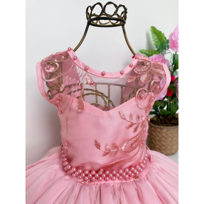 Vestido Infantil Damas de Honra Rosê Luxo Renda Pérolas
