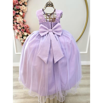 Vestido Infantil Lilás C/ Renda Damas e Cinto de Pérolas