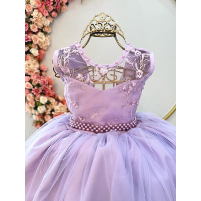 Vestido Infantil Lilás C/ Renda Damas e Cinto de Pérolas