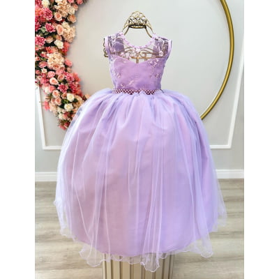 Vestido Infantil Lilás C/ Renda Damas e Cinto de Pérolas