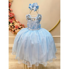 Vestido Infantil Azul Claro C/ Renda e Cinto de Pérolas