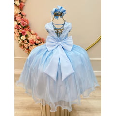 Vestido Infantil Azul Claro C/ Renda e Cinto de Pérolas