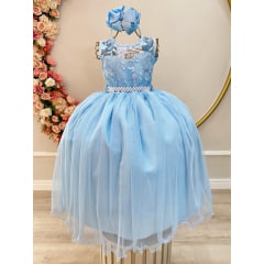 Vestido Infantil Longo Azul Claro C/ Renda e Pérolas Damas